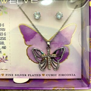 Fine Silver Plated Butterfly Cross Necklace and Earrings Set with Cubic Zirconia